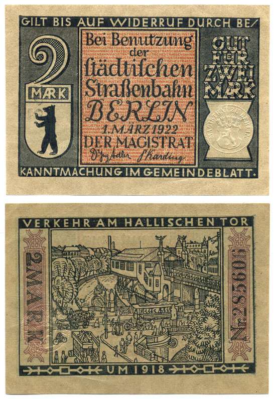 БЕРЛИН, ГЕРМАНИЯ 2 МАРКИ 1922 1 МАРТА 1922, НОГЕЛЬД, НОМЕР 10 (1918) Grabowski 92.3 бумага UNC (ПРЕСС) 000-00-00