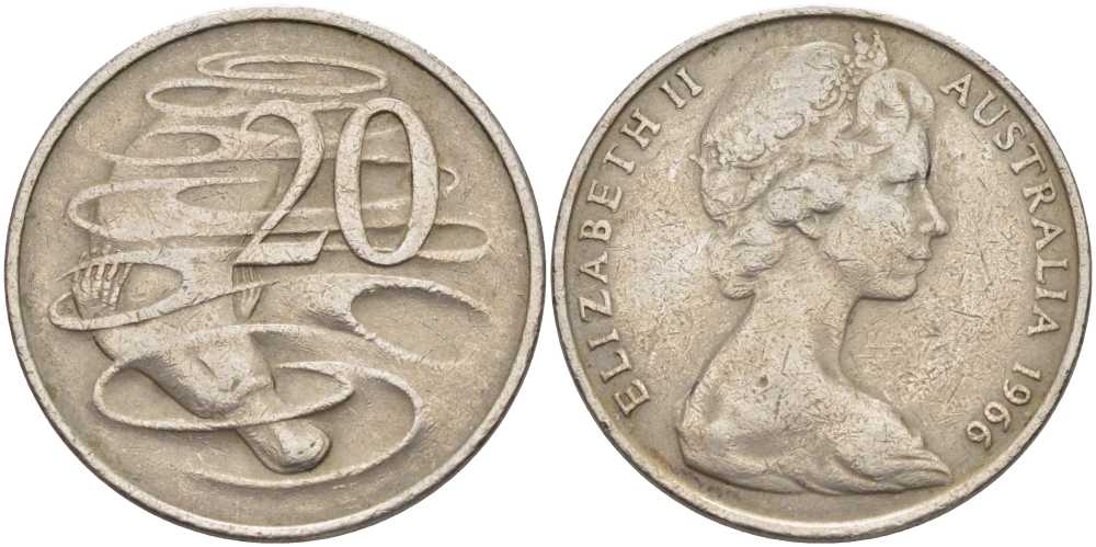 Австралия 20 центов 1966 Елизавета II (1952-2022), утконос KM 66 медно-никель 4382-442