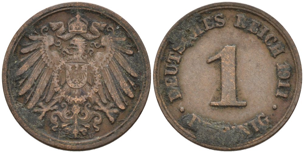 Германия 1 пфенниг 1911 D KM 10, J. 10 медь 4576-211