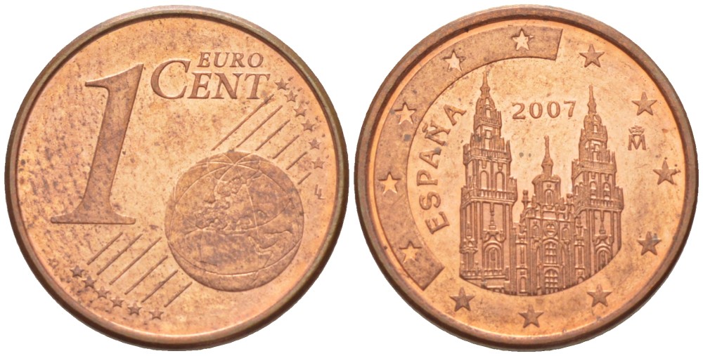 ИСПАНИЯ 1 ЕВРОЦЕНТ 2007 KM 1040 сталь плакированная медью 100-234