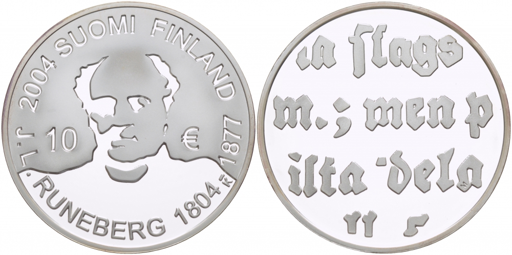 Финляндия 10 евро 2004 200 лет со дня рождения Йохана Людвига Рунеберга, поэт KM 115 серебро  PROOF 11-224-41