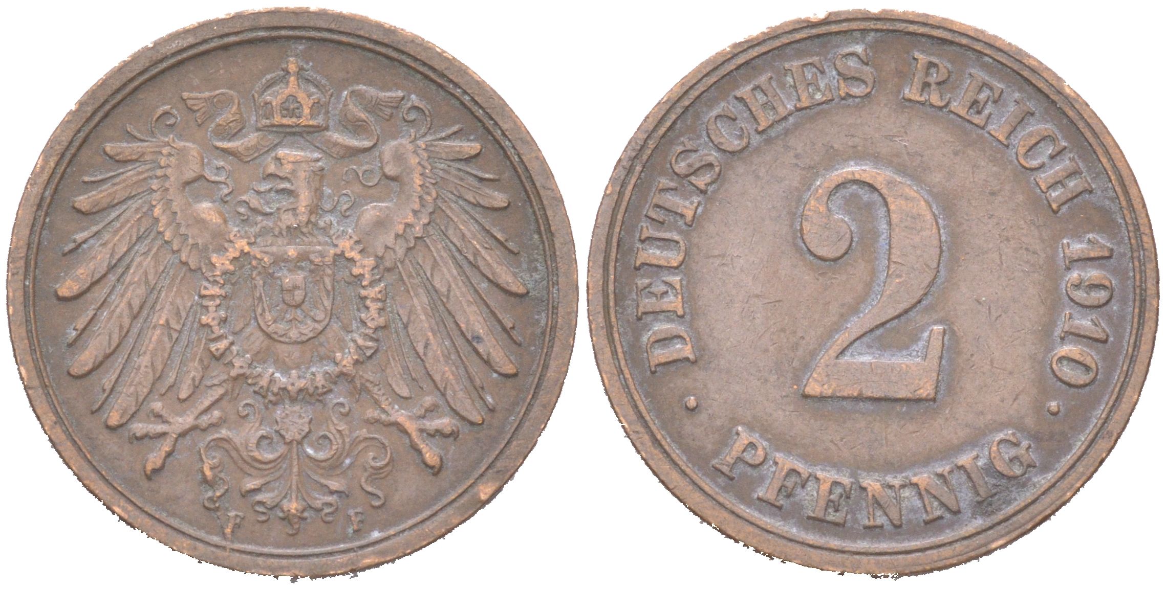 Германия 2 пфеннига 1910 F, Вильгельм II (1888-1918) KM 16 медь 4621-739
