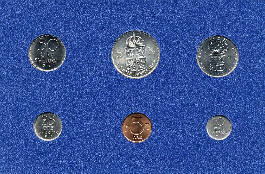 Швеция набор монетного двора из 6 монет 1973 в картоне, Густав VI Адольф (1950-1973) KM MS1 UNC 7-5-7-206