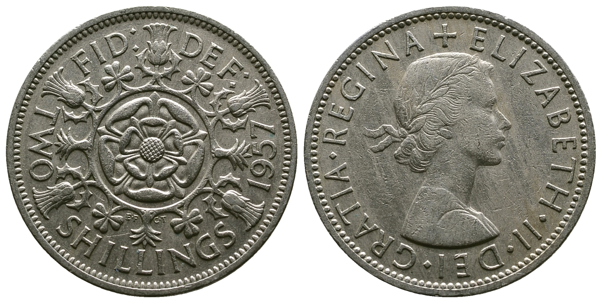 Великобритания 2 шиллинга (флорин) 1957 Елизавета II (1952-2022) KM 906, Spink 4146 медно-никель 4382-133