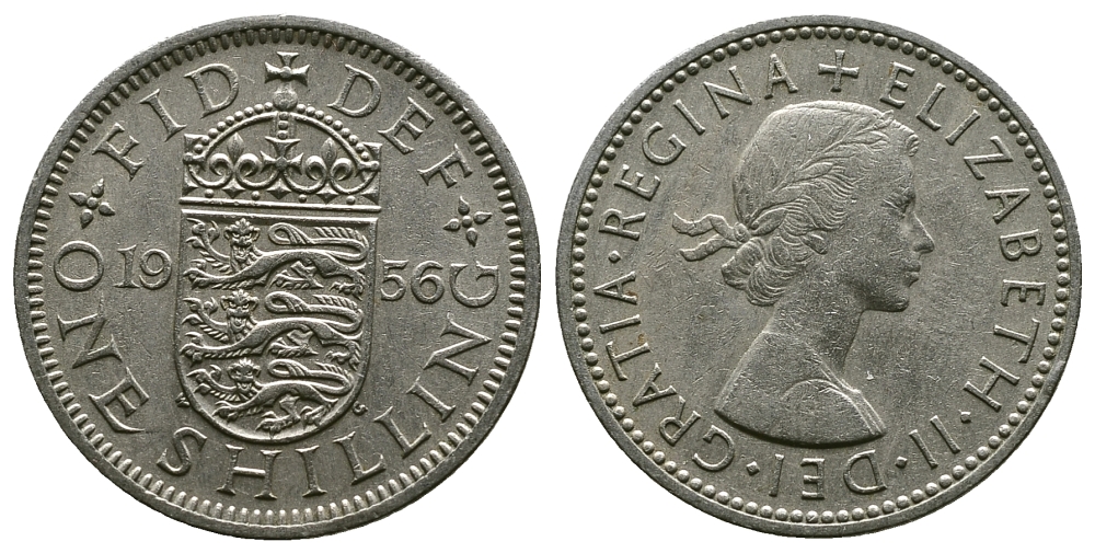 Великобритания 1 шиллинг 1956 Елизавета II (1952-2022), Английский герб KM 904, Spink 4147 медно-никель 4384-332
