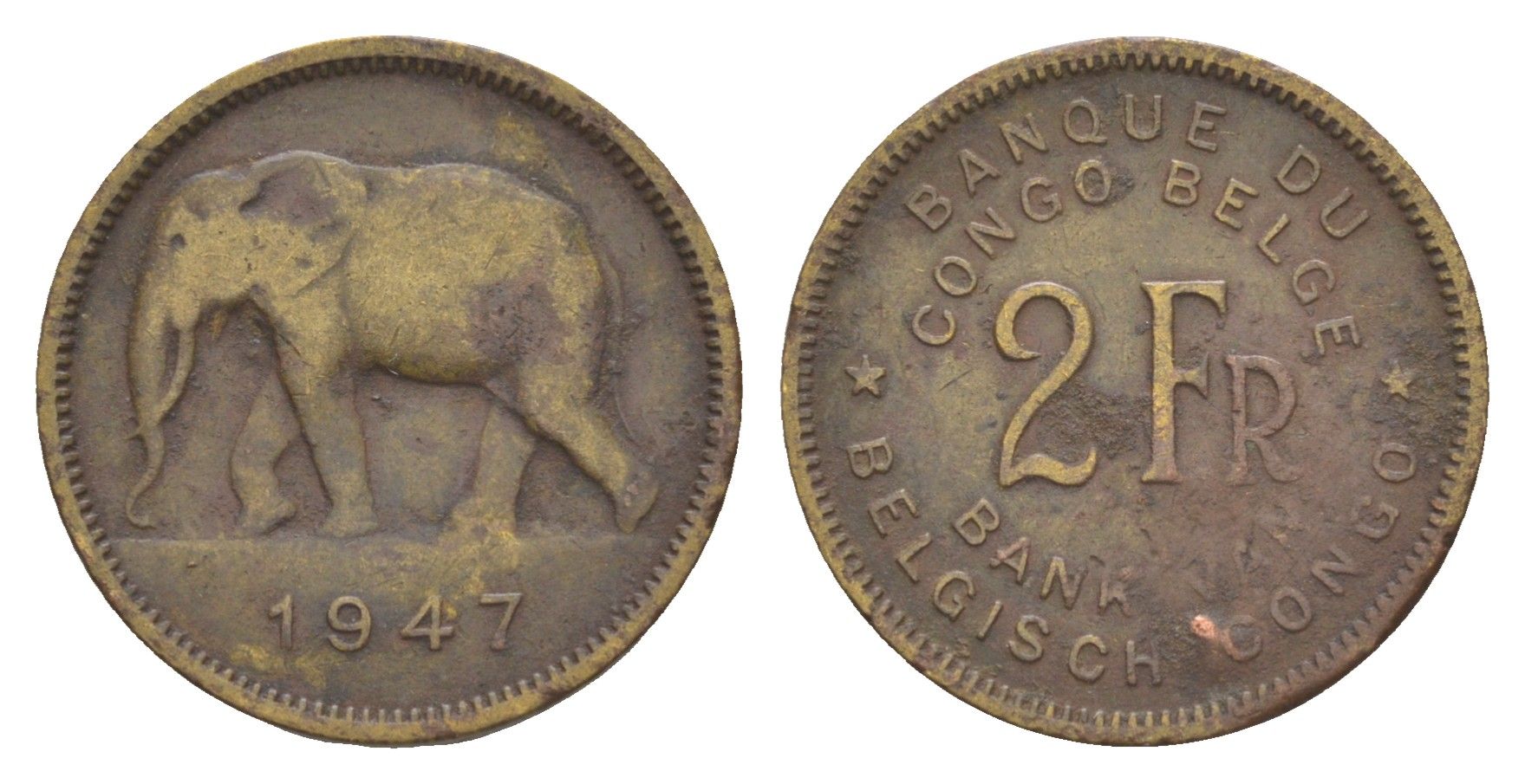 Бельгийское Конго 2 франка 1943 KM 28 латунь 4647-1237