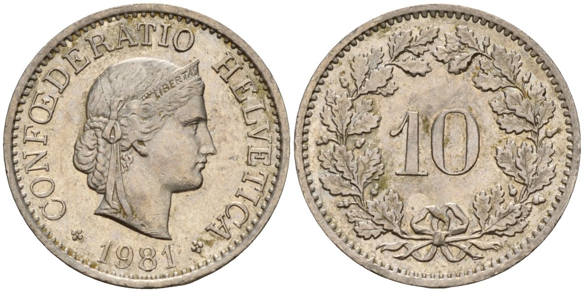 Швейцария 10 раппенов 1981 KM 27 медно-никель 4189-426