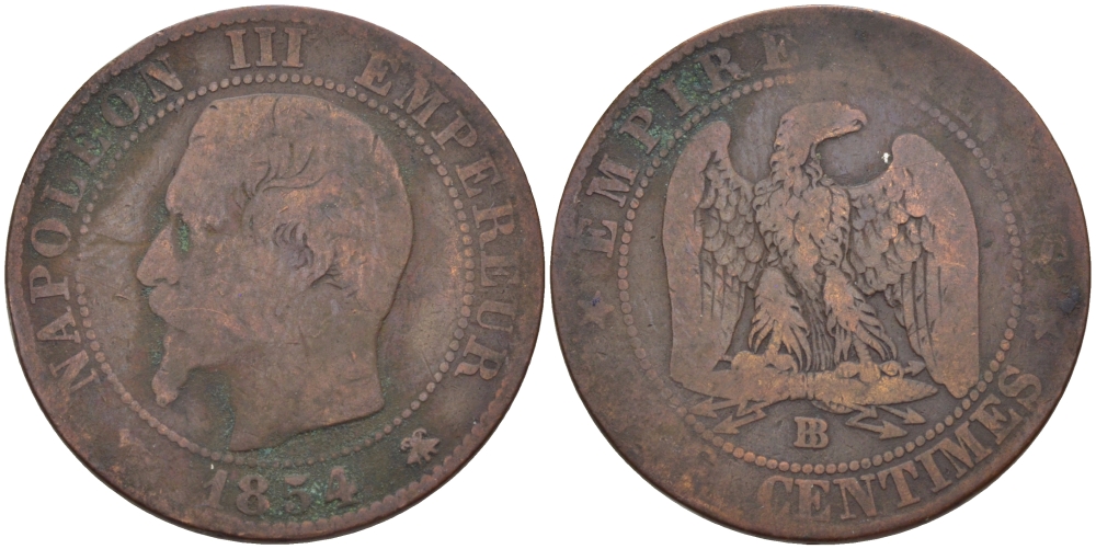 Франция 5 сантимов 1854 BB, Наполеон III KM 777.3 бронза 28-634