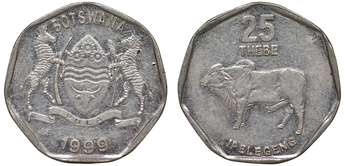 Ботсвана 25 тхебе 1999 зебу KM 28 никелированная сталь 4163-815