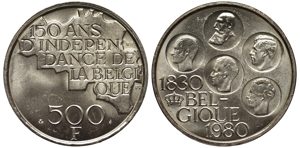 Бельгия 500 франков 1980 150 лет независимости, Belgique, Бодуэн I (1951-1993) KM 161 медно-никель покрытый серебром UNC 443-322