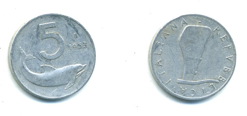 ИТАЛИЯ 5 ЛИР 1954 R, РУЛЬ, ДЕЛЬФИН KM 92 алюминий 23-1117