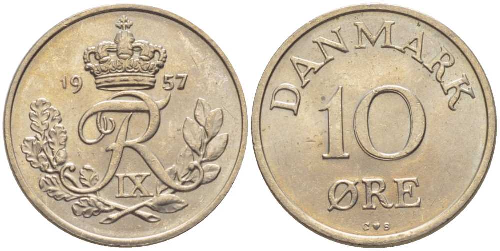 ДАНИЯ 10 ЭРЕ 1957 C;S, ФРЕДЕРИК IX (1947-1972) KM 841,2 медно-никель 201-1217