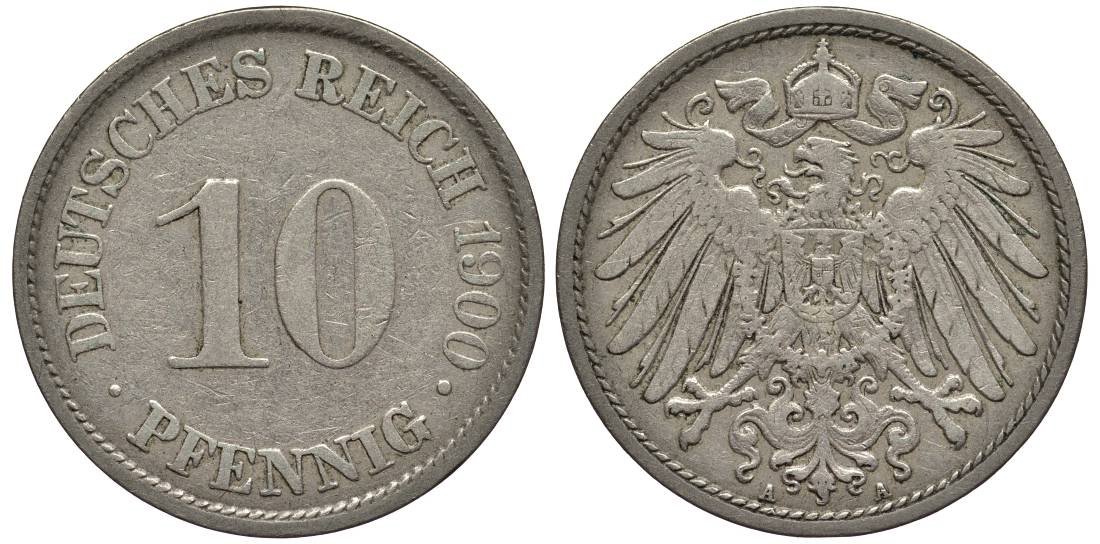 Германия 10 пфеннигов 1900 A KM 12, Jager 13, Weege 8 медно-никель 219-327
