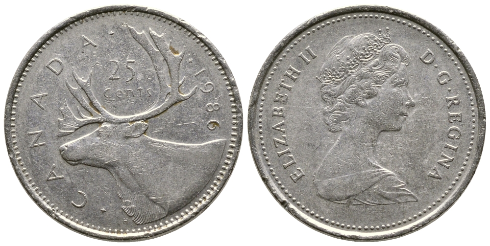 Канада 25 центов 1986 Елизавета II (1952-2022), олень KM 74 никель 4681-851