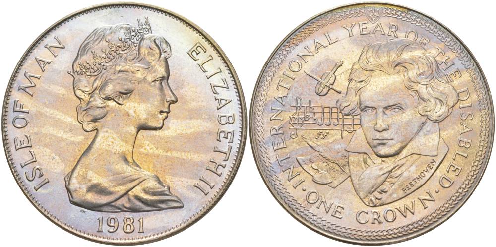 Остров Мэн 1 крона 1981 Международный год инвалидов, Бетховен КМ 78 медно-никель UNC 118-825