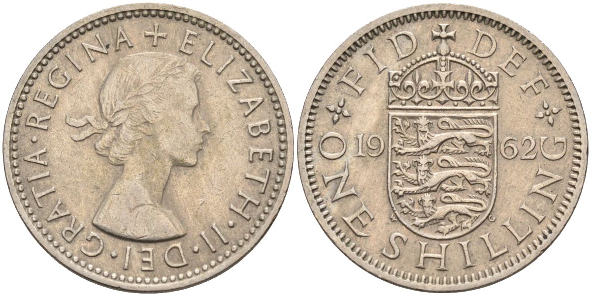 Великобритания 1 шиллинг 1962 Елизавета II (1952-2022), Английский герб KM 904, Spink 4147 медно-никель 4116-842