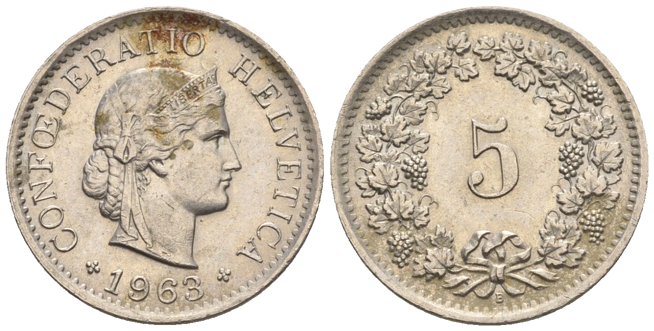 Швейцария 5 раппенов 1963 B KM 26 медно-никель 4609-1014