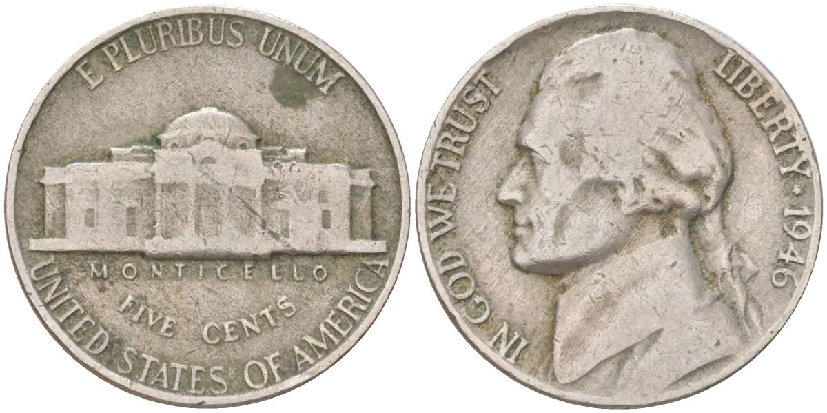 США 5 центов 1946 Томас Джефферсон KM A192 медно-никель 4613-819