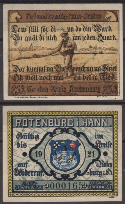 Ротенбург 25 пфеннигов 1921 Grabowski 1139.1 бумага UNC (пресс) 2193-46-1-2
