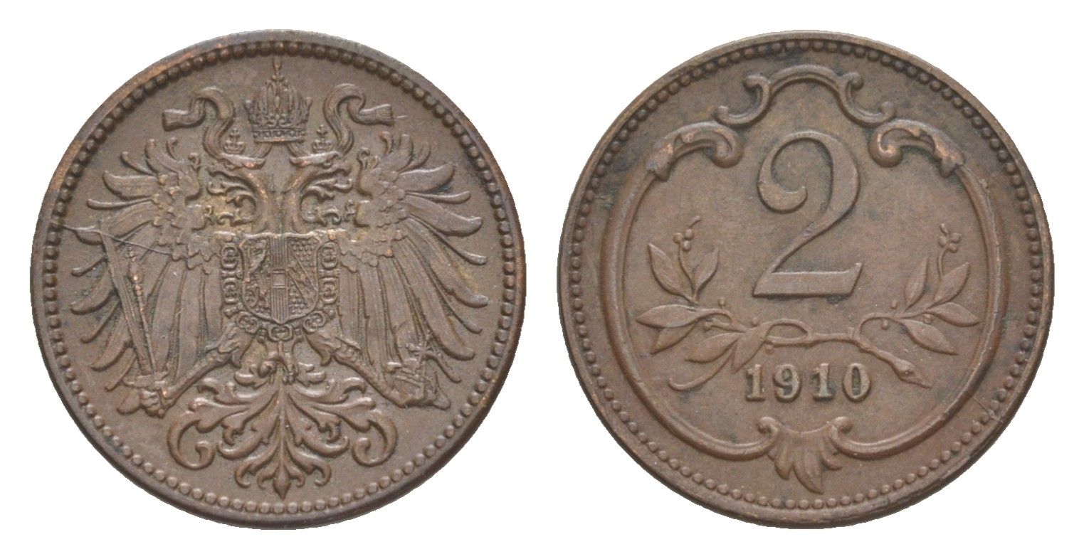 Австрия 2 геллера 1910 Франц Иосиф I (1848-1916) KM 2801 бронза 4639-1026