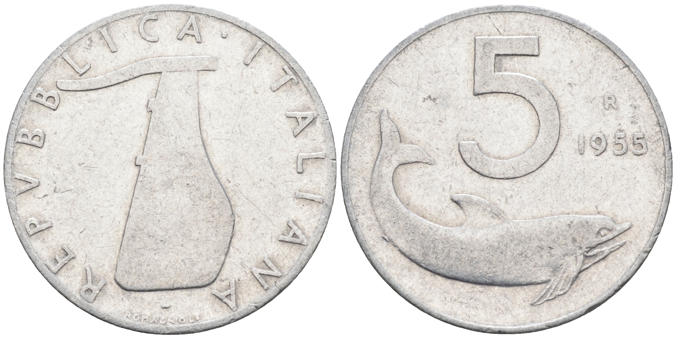 Италия 5 лир 1955 R, дельфин KM 92 алюминий    4594-1033