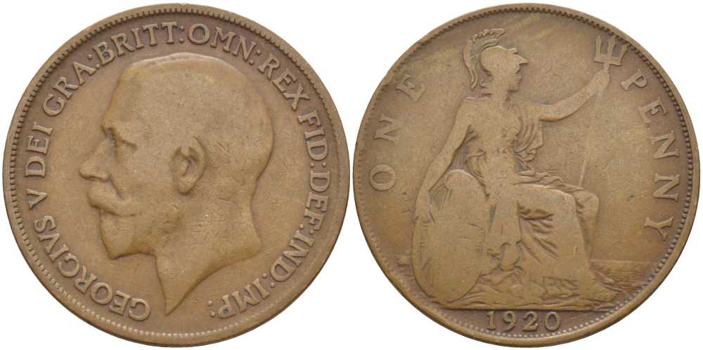 Великобритания 1 пенни 1920 Георг V (1910-1936) KM 810, Spink 4051 бронза 115-146