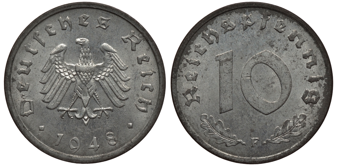 ГЕРМАНИЯ 10 РЕЙХСПФЕННИГОВ 1948 F, ОККУПАЦИЯ ГЕРМАНИИ СОЮЗНЫМИ ВОЙСКАМИ KM A 104 цинк aUNC 02-264-51