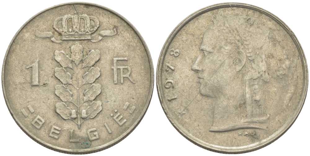 БЕЛЬГИЯ 1 ФРАНК 1978 BELGIE, БОДУЭН I (1951-1993) KM 143.1 медно-никель 119-643