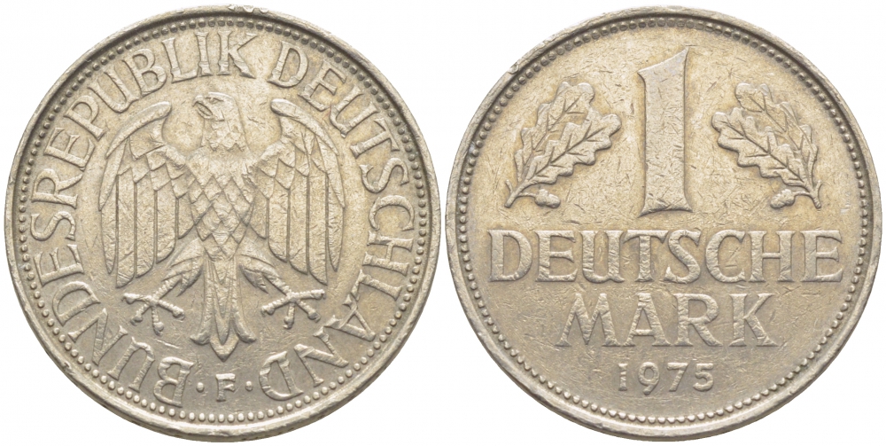 ФРГ 1 МАРКА 1975 F KM 110, J. 385 медно-никель 3856-134