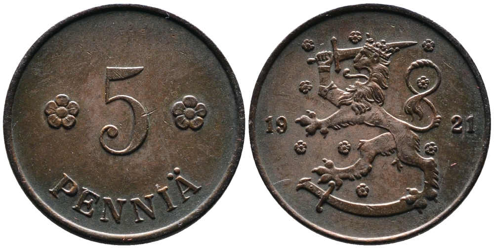 ФИНЛЯНДИЯ 5 ПЕННИ 1921 KM 22 медь 4387-426