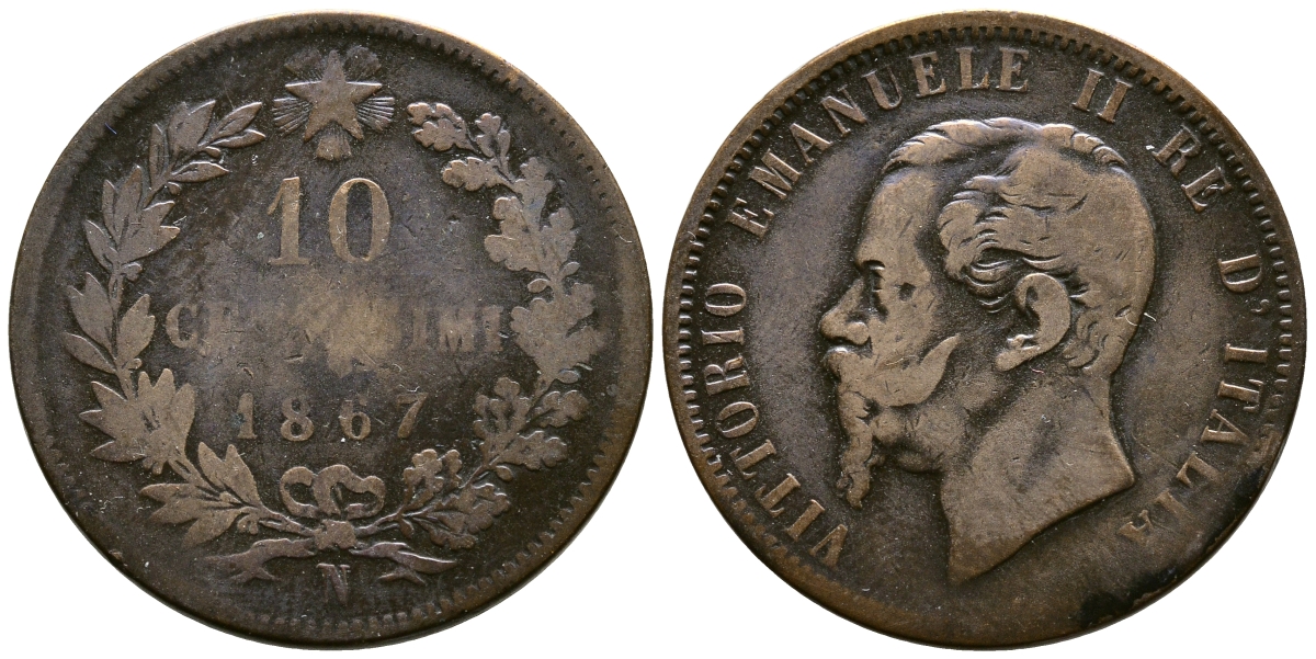 Италия 10 чентезимо 1867 N, Виктор Эммануил II (1861-1878) KM 11.4 медь 4384-933