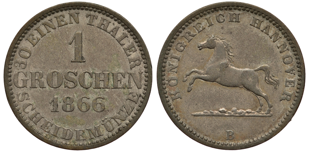 Брауншвейг-Каленберг-Ганновер 1 грош 1866 В, Георг V (1851-1866) KM 236, AKS 149, Jaeger 93 серебро 1520-235