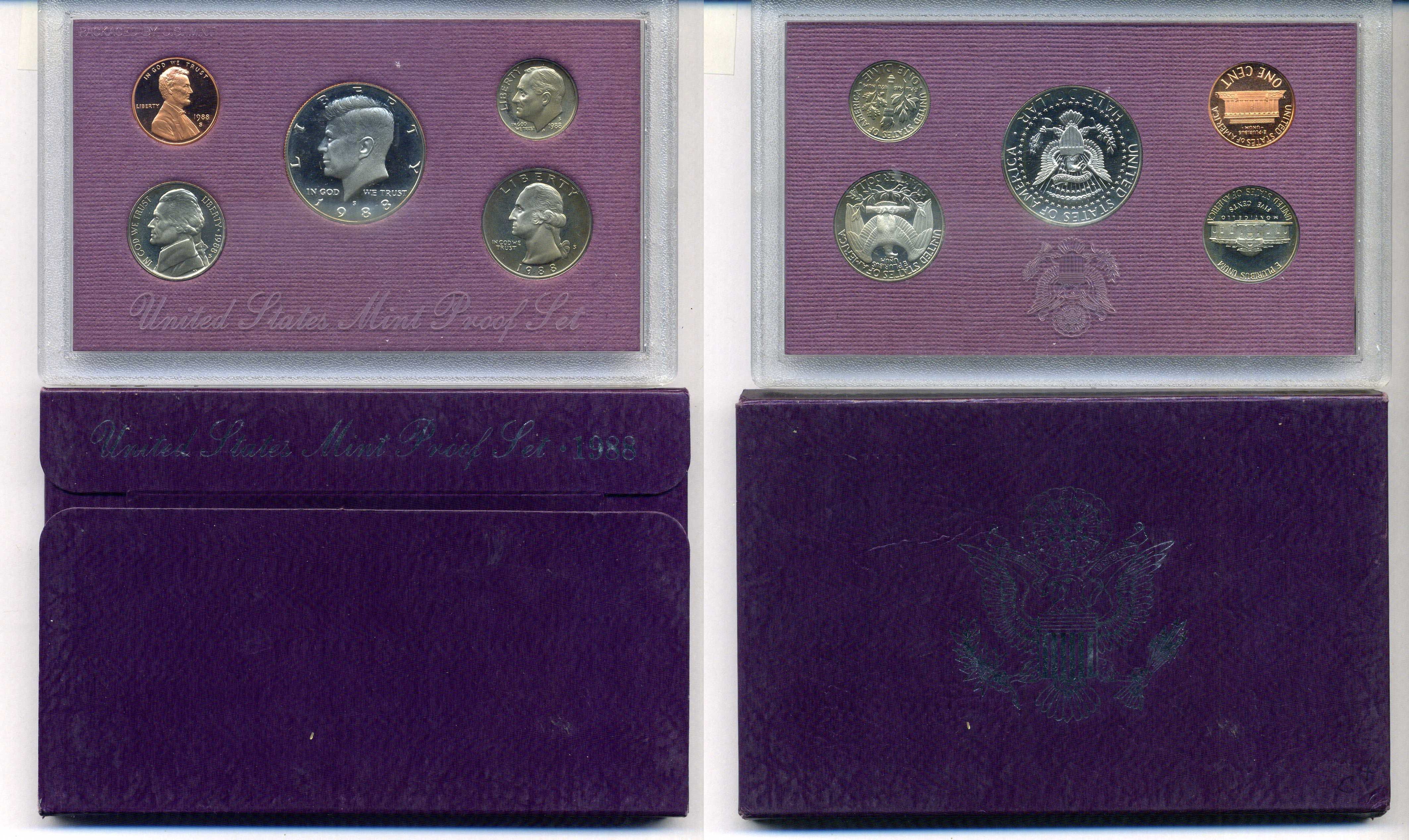 США годовой набор из 5 монет (1, 5, 10, 25 и 50 центов) 1988 в оригинальной упаковке KM PS159 (164a, A192, 195a, 201b и 202b) PROOF 8-2-02-36