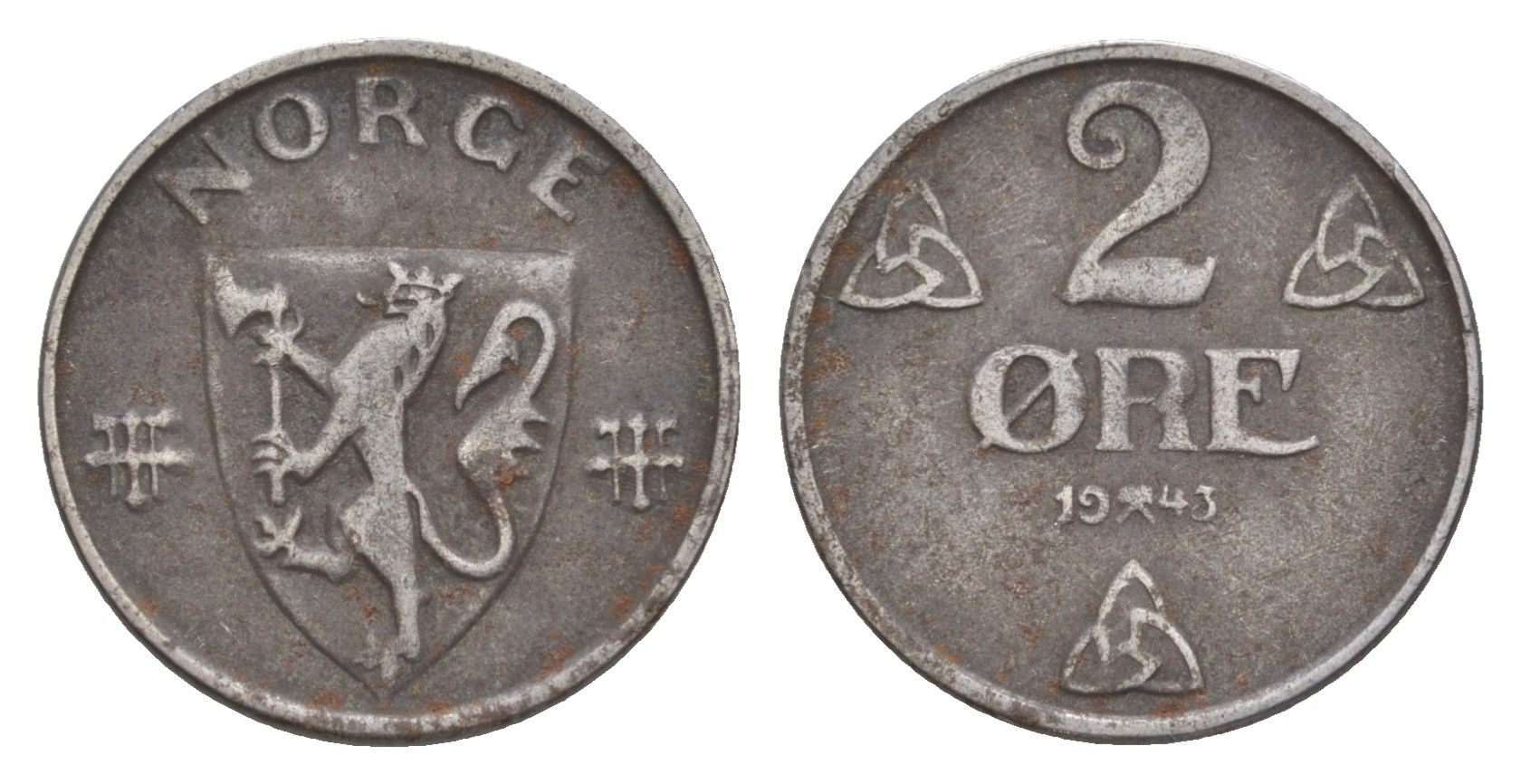 Норвегия 2 эре 1943 Хокон VII (1905-1957) KM 394 железо 4635-313