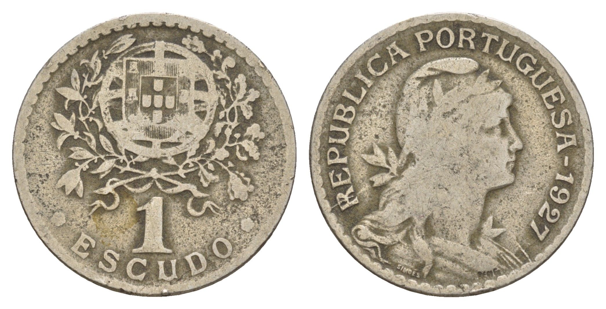 Португалия 1 эскудо 1927 KM 578 никель латунь 4654-246