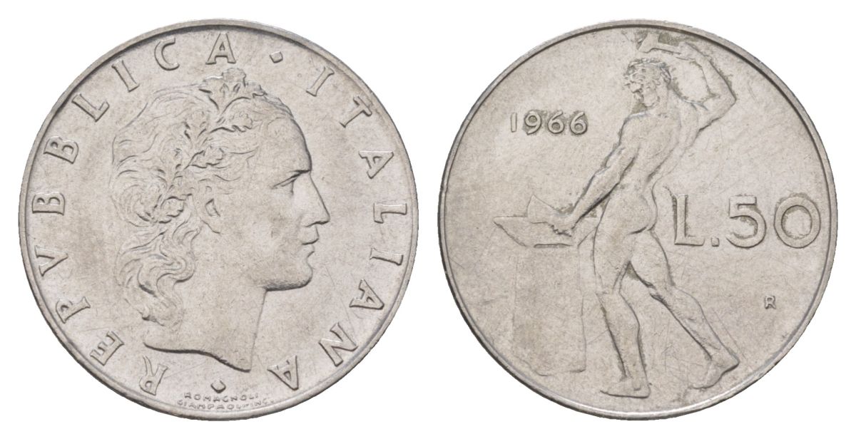 Италия 50 лир 1966 R, бог огня Вулкан у наковальни KM 95.1 нержавеющая сталь 4624-1147