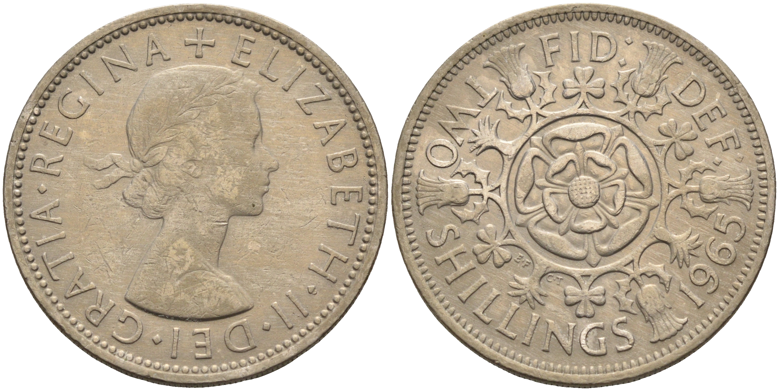 Великобритания 2 шиллинга (флорин) 1965 Елизавета II (1952-2022) KM 906, Spink 4146 медно-никель 4367-1236