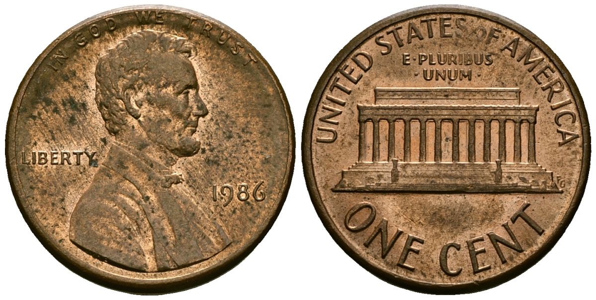 США 1 цент 1986 Линкольн KM 201b цинк плакированный медью 4136-322