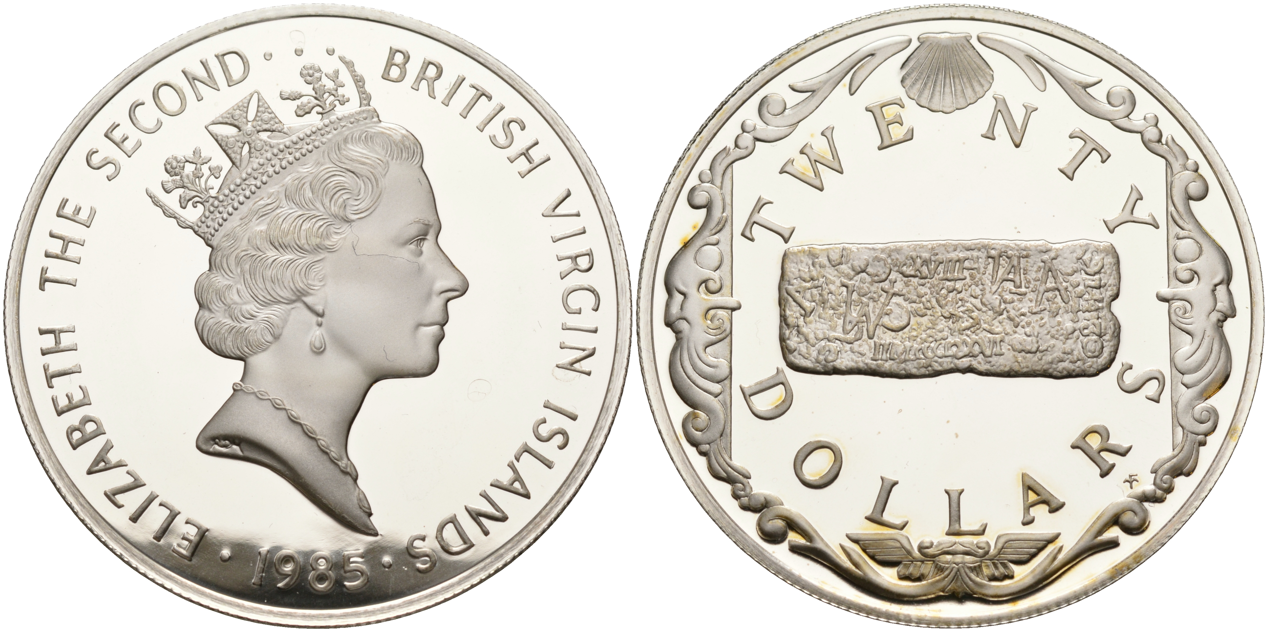 Британские Виргинские острова 20 долларов 1985 золотой брусок KM 56 серебро  PROOF 00-00