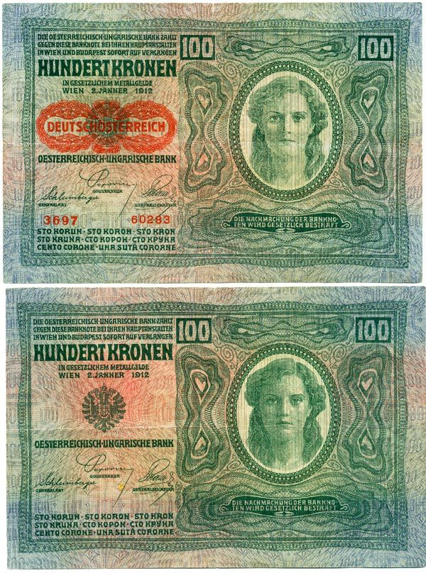 Австрия 100 крон 1912 (1919) красная надпечатка на Pick 12, на аверсе Pick 56 a бумага 444-14-2
