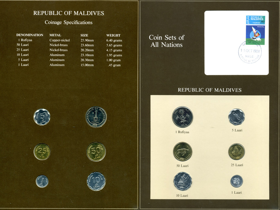 Мальдивские острова набор из 6 монет 1982-1984 серия наборы мира, запайка в буклете с маркой    UNC  14-01-03-24