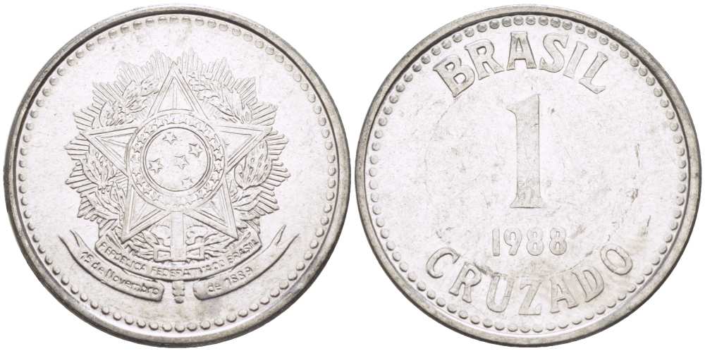 Бразилия 1 крузадо 1988 KM 605 нержавеющая сталь 217-247