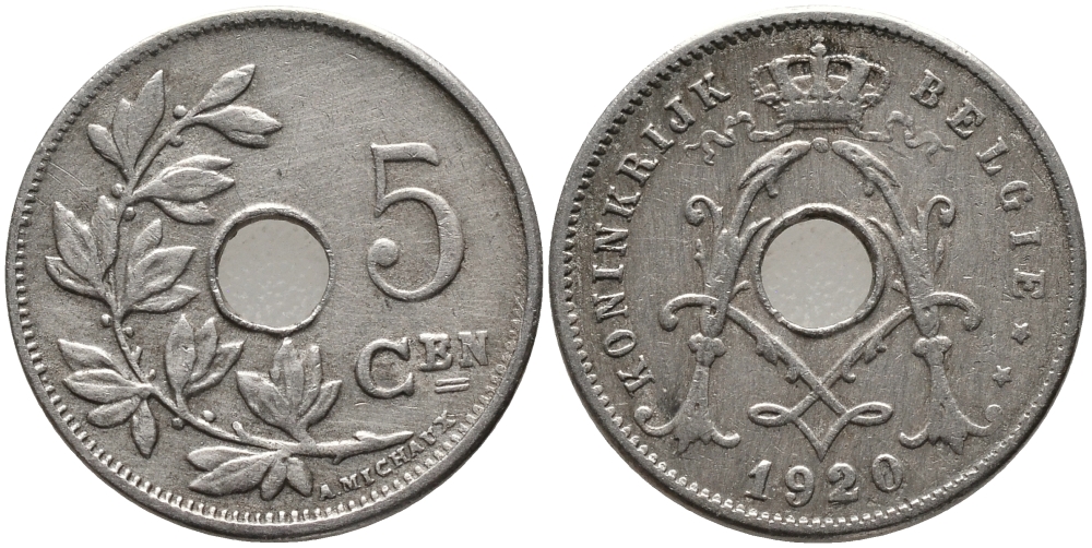 БЕЛЬГИЯ 5 САНТИМОВ 1920/10 BELGIE KM 67 медно-никель 72-1639