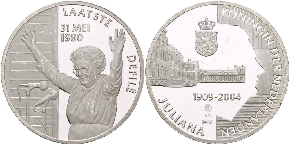 НИДЕРЛАНДЫ МЕДАЛЬ ND СЕРИЯ ЮЛИАНА КОРОЛЕВА НИДЕРЛАНДОВ (1909-2004), ПОСЛЕДНЕЕ ОБРАЩЕНИЕ БЕАТРИКС 30 МАЯ 1980 ГОДА, ДИАМЕТР 38 ММ., ВЕС 25 ГР., ПРОБА 925 серебро PROOF 1088-5-34