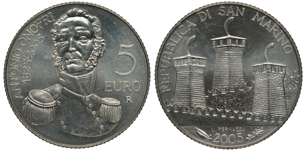 Сан-Марино 5 евро 2005 R, Антонио Онофри KM 468 серебро UNC 02-070-45