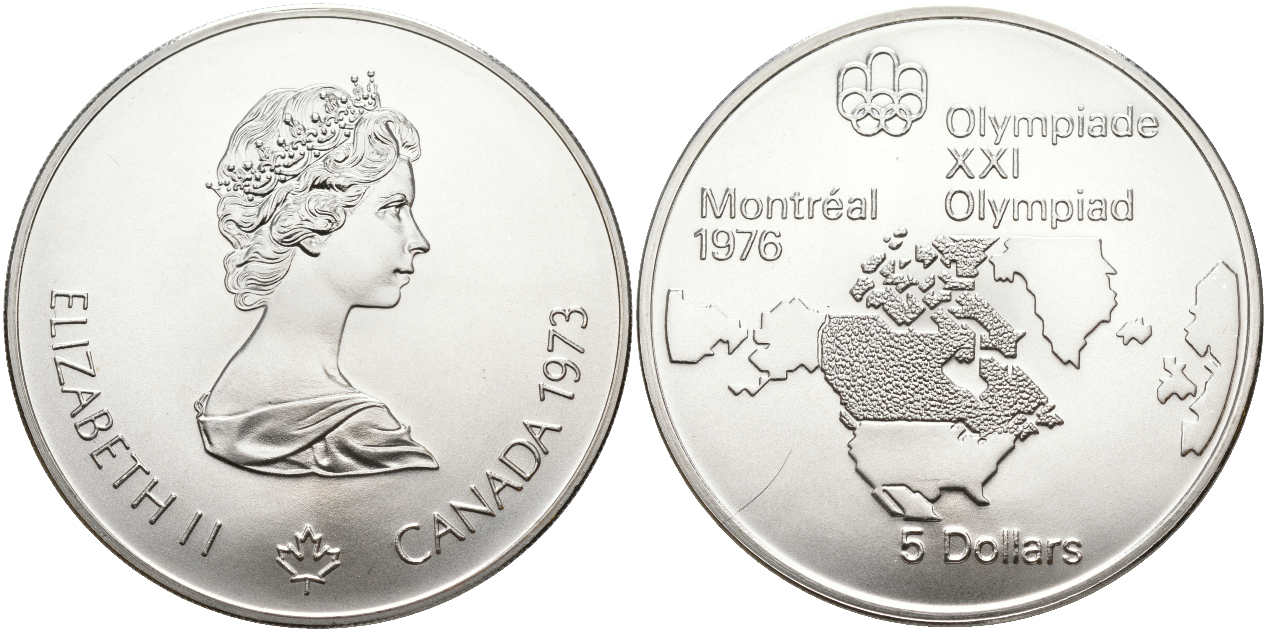 Канада 5 долларов 1973 XXI летние Олимпийские игры в Монреале 1976 года, карта Канады на фоне Северной Америки KM 85 серебро UNC 1095-6-31
