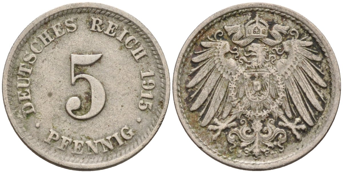 Германия 5 пфеннигов 1915 D KM 11, J. 12 медно-никель 4151-556
