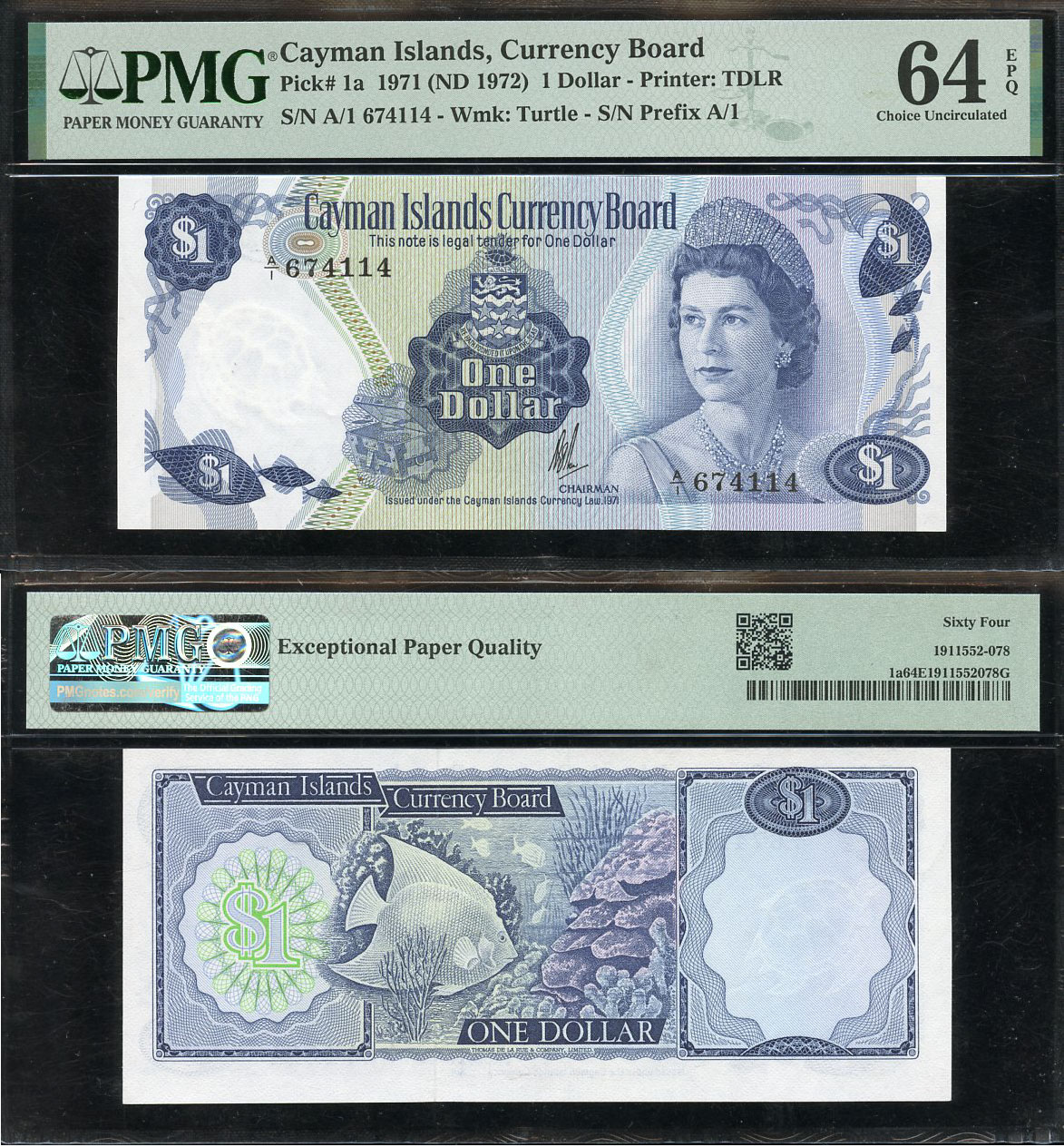 Каймановы острова 1 доллар L. 1971 (1972) Елизавета II (1952-2022), рыбка, серия A/1, в слабе PCGS 64 Choice Uncirculated Pick 1 a  бумага  UNC (пресс) 452-1-131