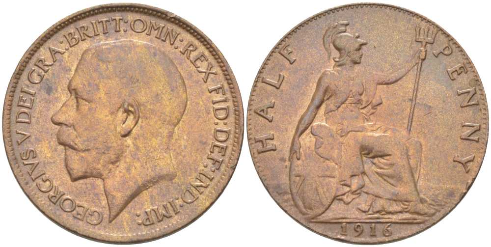 Великобритания 1/2 пенни 1916 Георг V (1910-1936) KM 809, Spink 4056 бронза 1518-1415