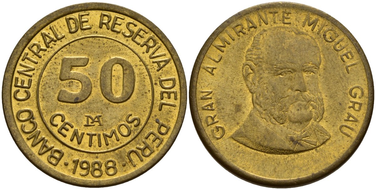 Перу 50 сентесимо 1988 KM 295 латунь 4159-946